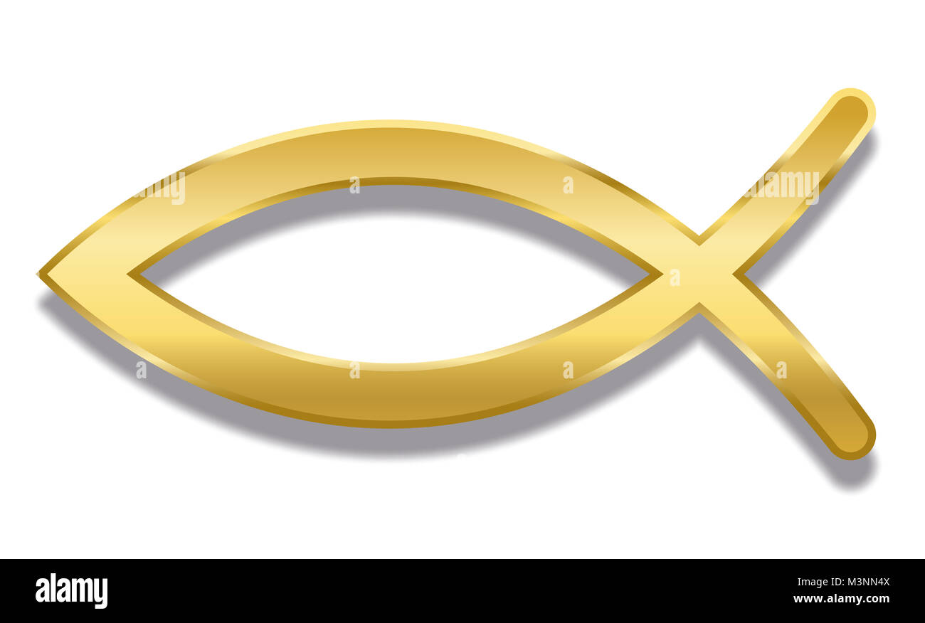 Jesus fish. Golden Christian symbol consisting of two intersecting arcs. Also called ichthys or ichthus, the Greek word for fish. Stock Photo