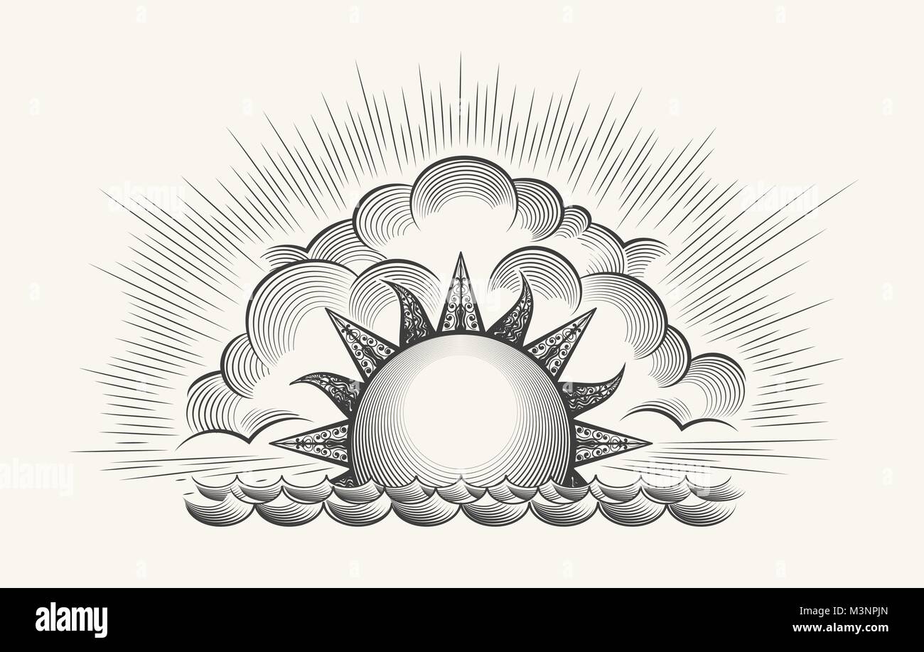Sunrise engraving illustration. Vintage engraved sky vector with waves