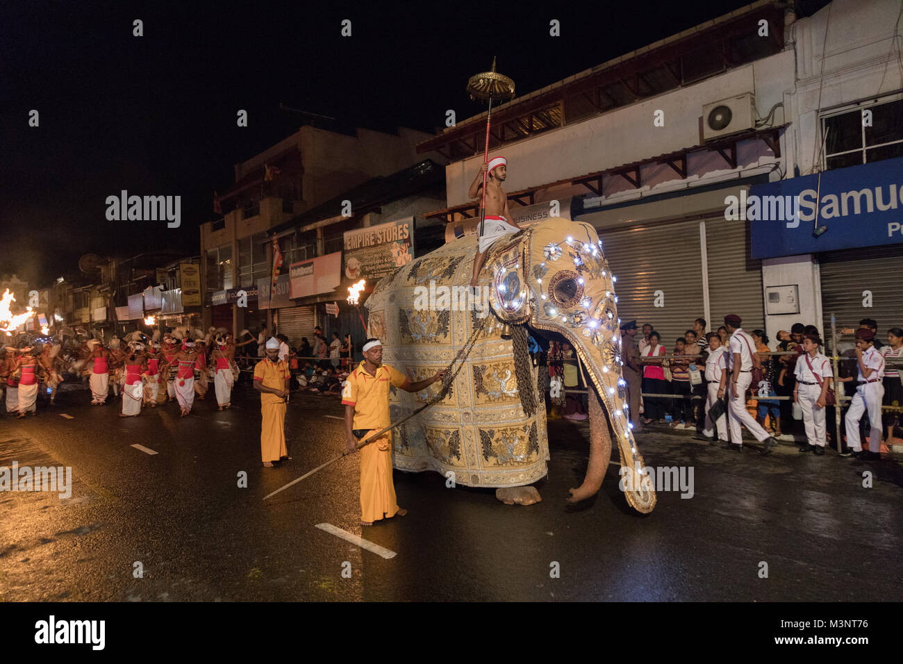 Sri Lanka Kandy Esala Perahera parade elephants costume caparison procession at night Stock Photo