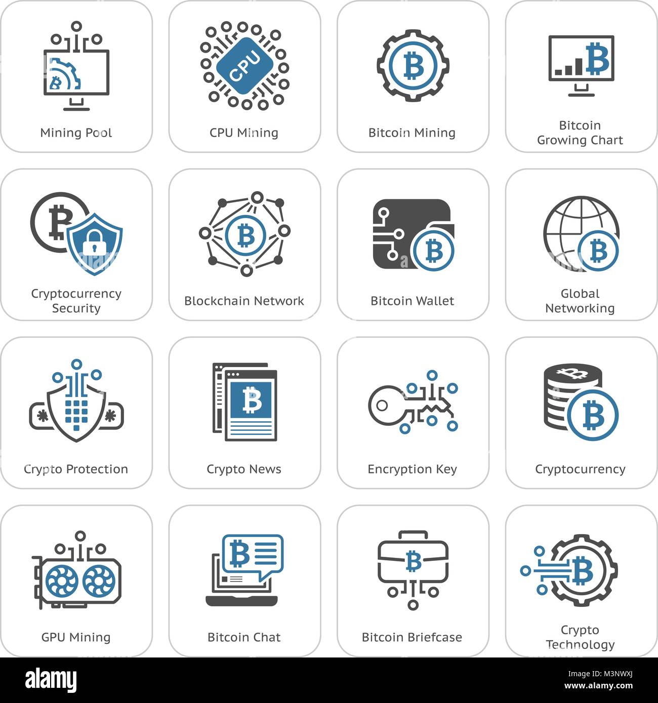 Bitcoin and Blockchain Cryptocurrency Icons. Stock Vector