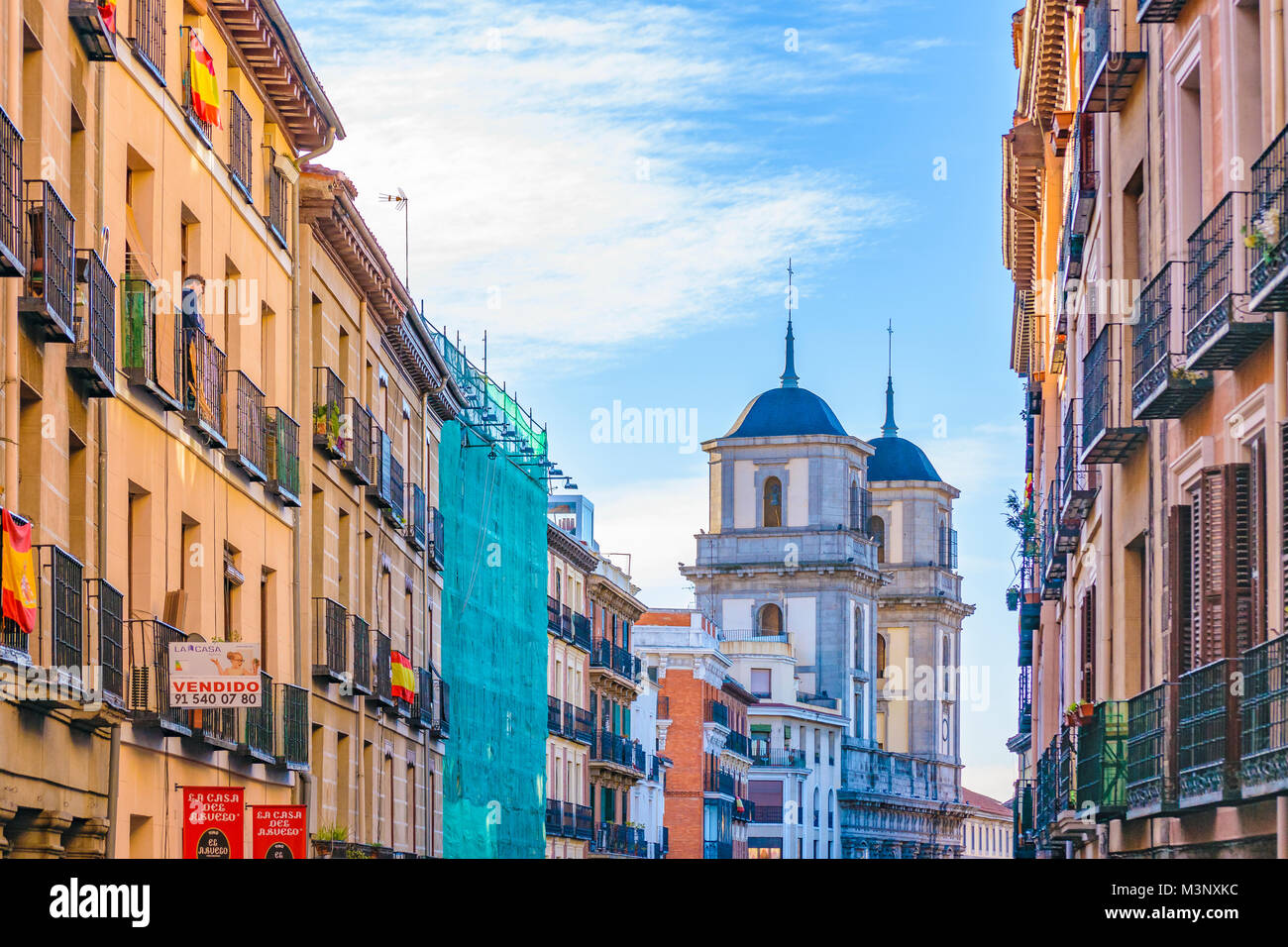MADRID, SPAIN, DECEMBER - 2017 - Low angle view of eclectic style buildings at Madrid city, Spain Stock Photo