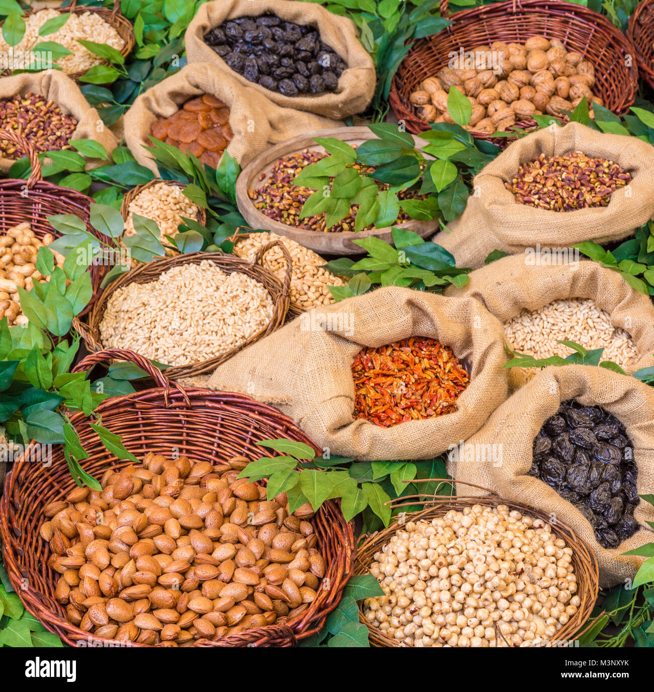Healthy food assortment of dried fruit in vintage wooden containers
