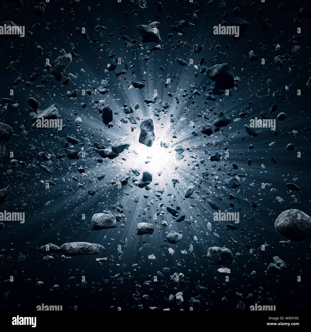 Rocks and debris flying through space after a huge big bang explosion (3D render) Stock Photo