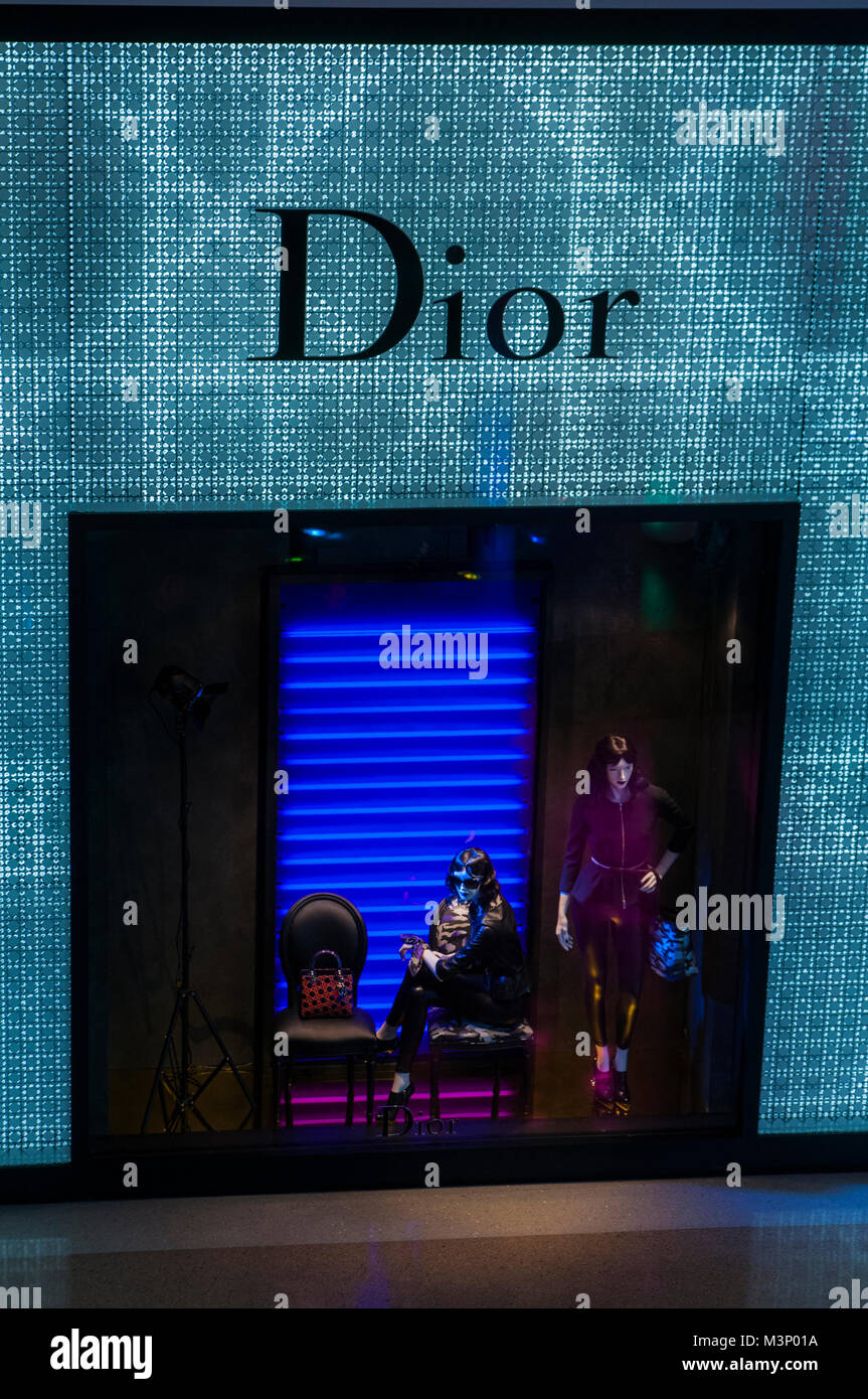 Las Vegas, Nevada.  Dior fashion window display in the Crystals at City Center Shopping Mall. Christian Dior is one of the world's preeminent Haute Co Stock Photo