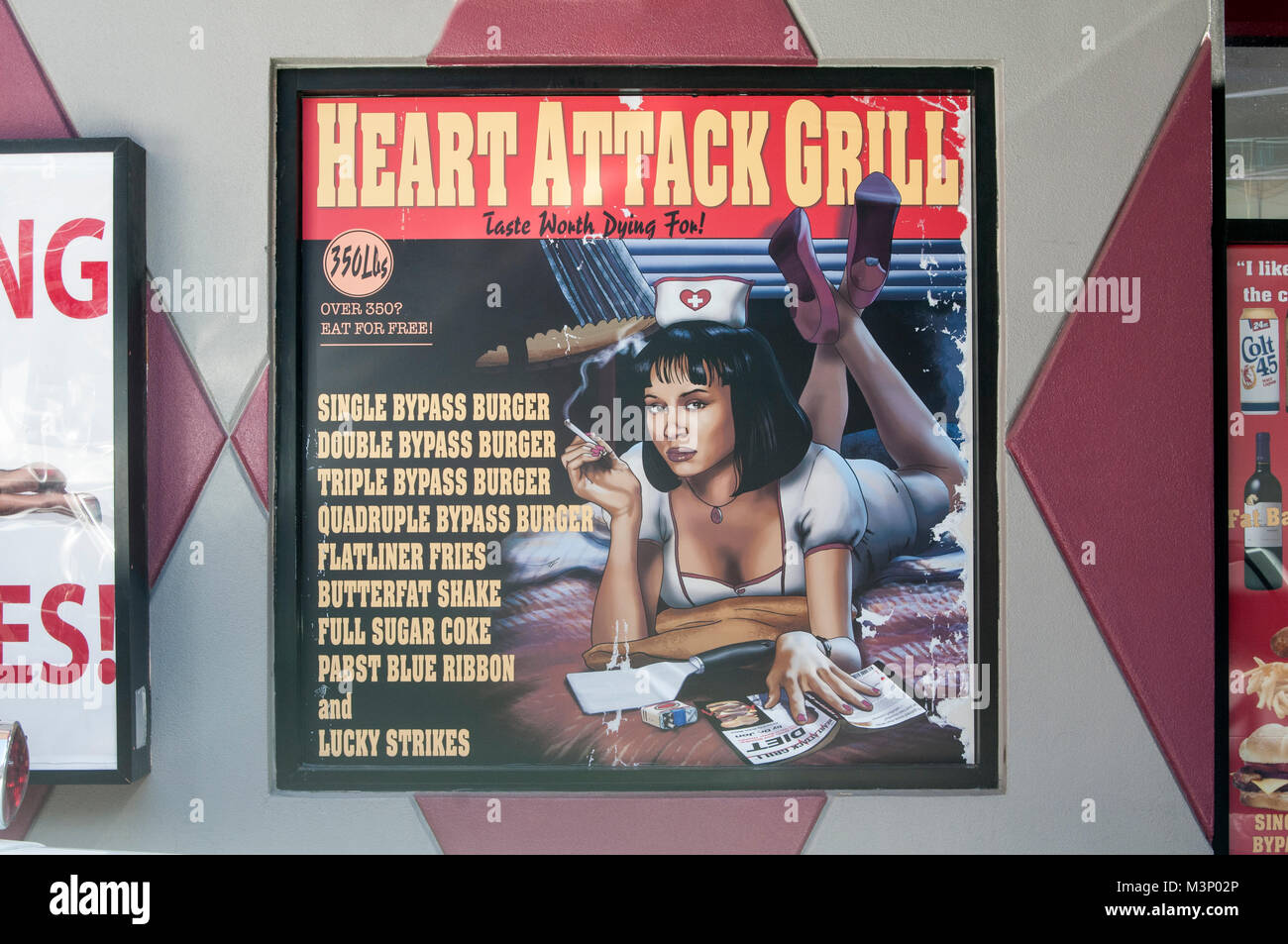 Las Vegas, Nevada. Heart Attack Grill. The menu showing all the unhealthy foods it serves. Stock Photo