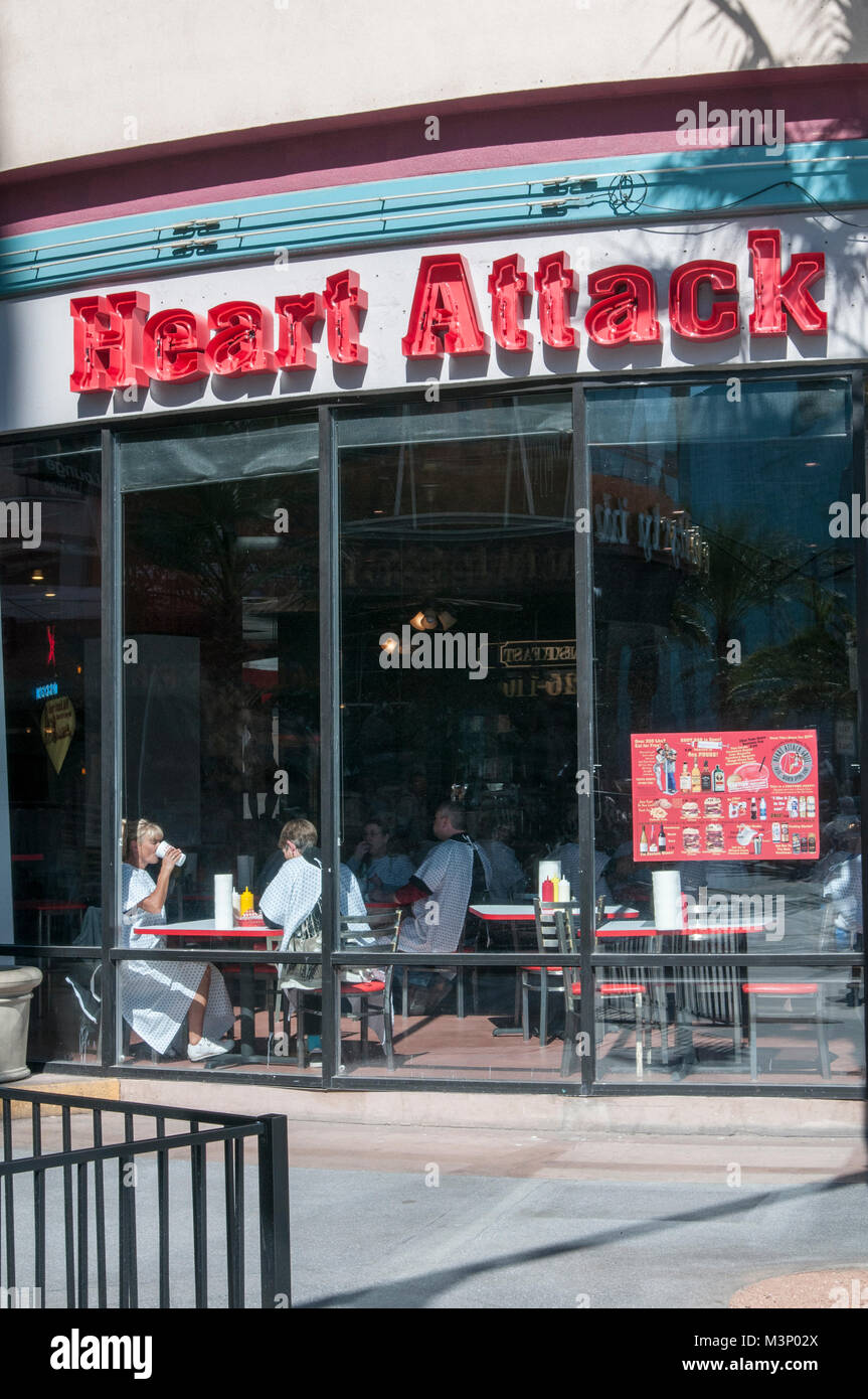 Las Vegas, Nevada. Heart Attack Grill. The hamburger restaurant with a menu that boasts unhealthy foods. Diners enjoying their unhealthy food. Stock Photo
