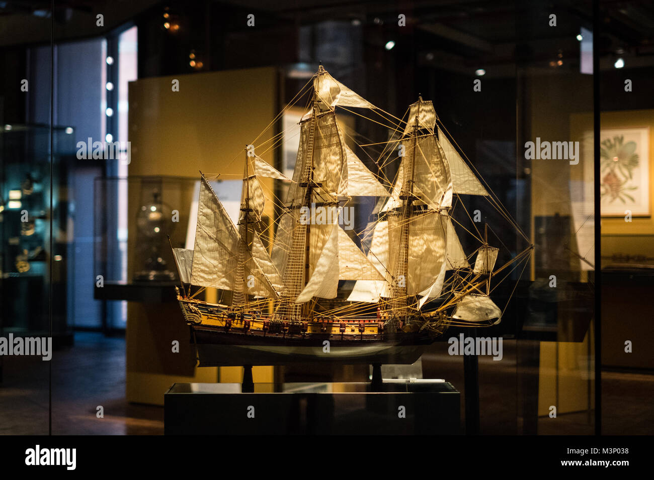 Berlin, Germany - February 2018: Miniature sailing boat model  inside the German Museum of Technology (Deutsches Technikmuseum). Stock Photo