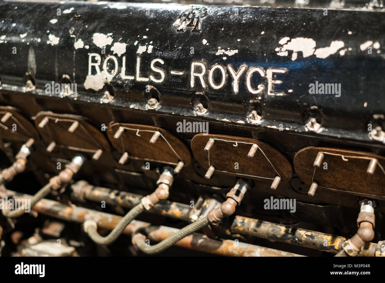 Rolls Royce Engine detail and logo -  historic technology, history of rolls royce Stock Photo