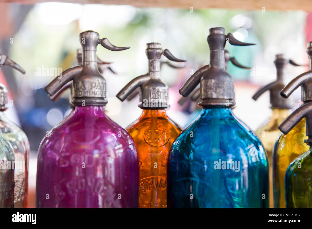 BUENOS AIRES, ARGENTINA - JANUARY 21, 2018: Soda bottles at San Telmo flea market in Buenos Aires, Argentina. With more than 154 liters per person in  Stock Photo