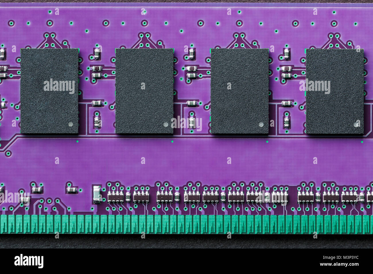Horizontal flat lay graphic background border of DIMM RAM computer memory chip module in ultra violet ultraviolet Stock Photo