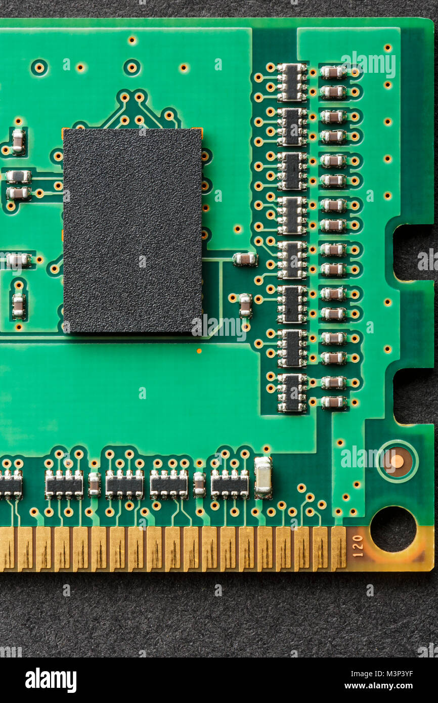 Vertical flat lay graphic background border of DIMM RAM computer memory chip module Stock Photo