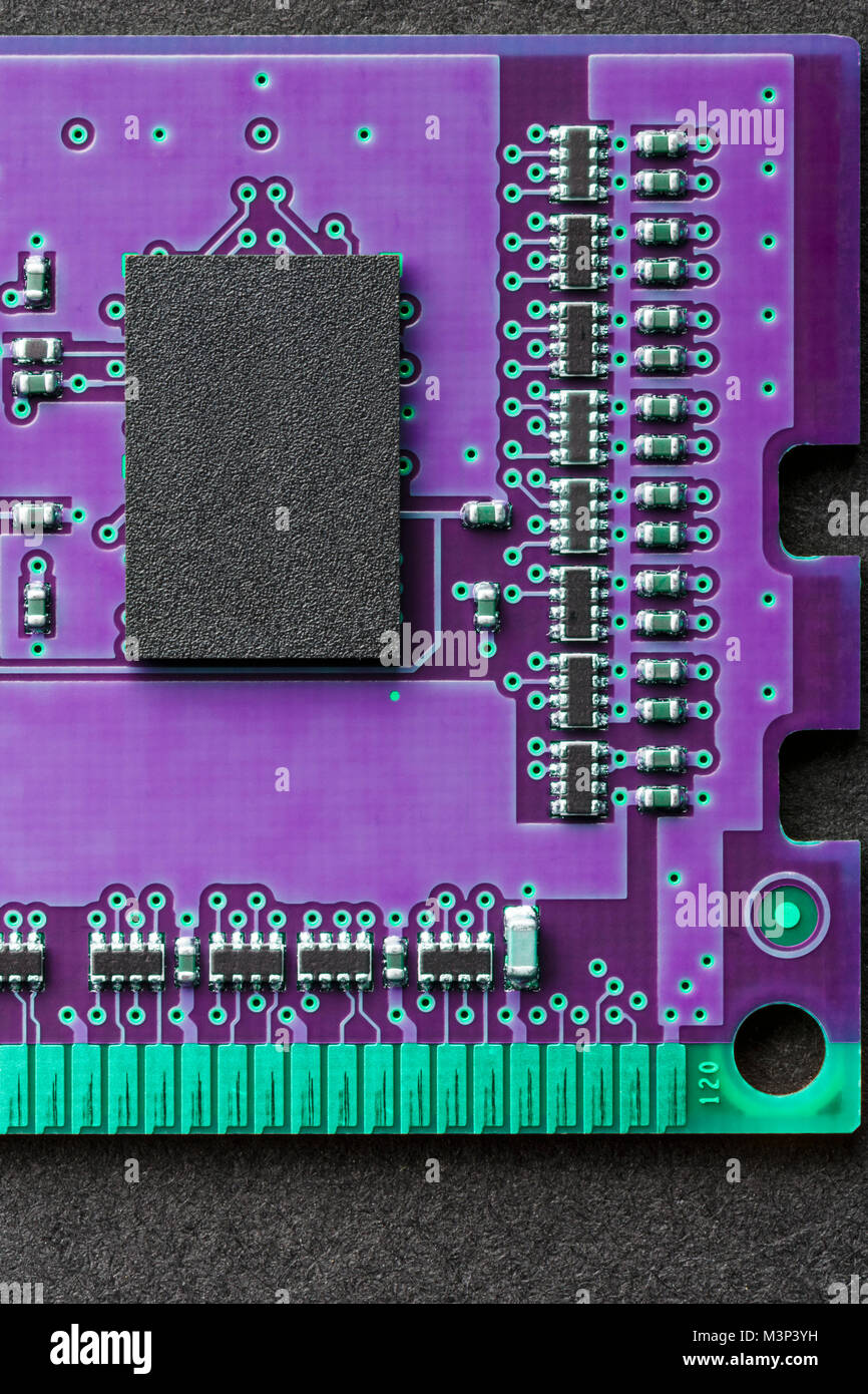 Vertical flat lay graphic background border of DIMM RAM computer memory chip module in ultra violet ultraviolet Stock Photo