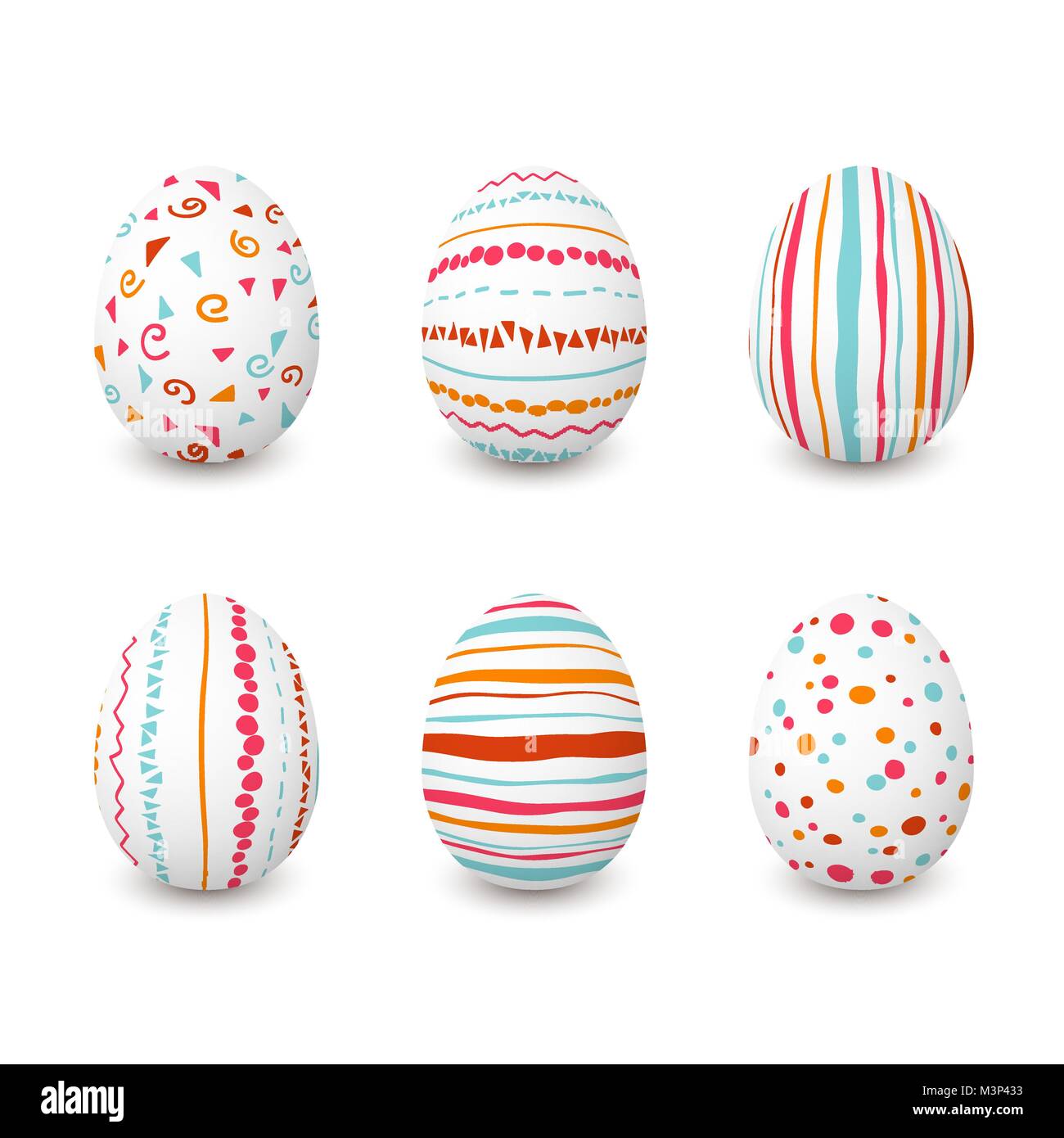 Set of white Easter eggs with simple pink, orange, red, blue stripes, patterns points, confetti, waves, flourishes Stock Vector