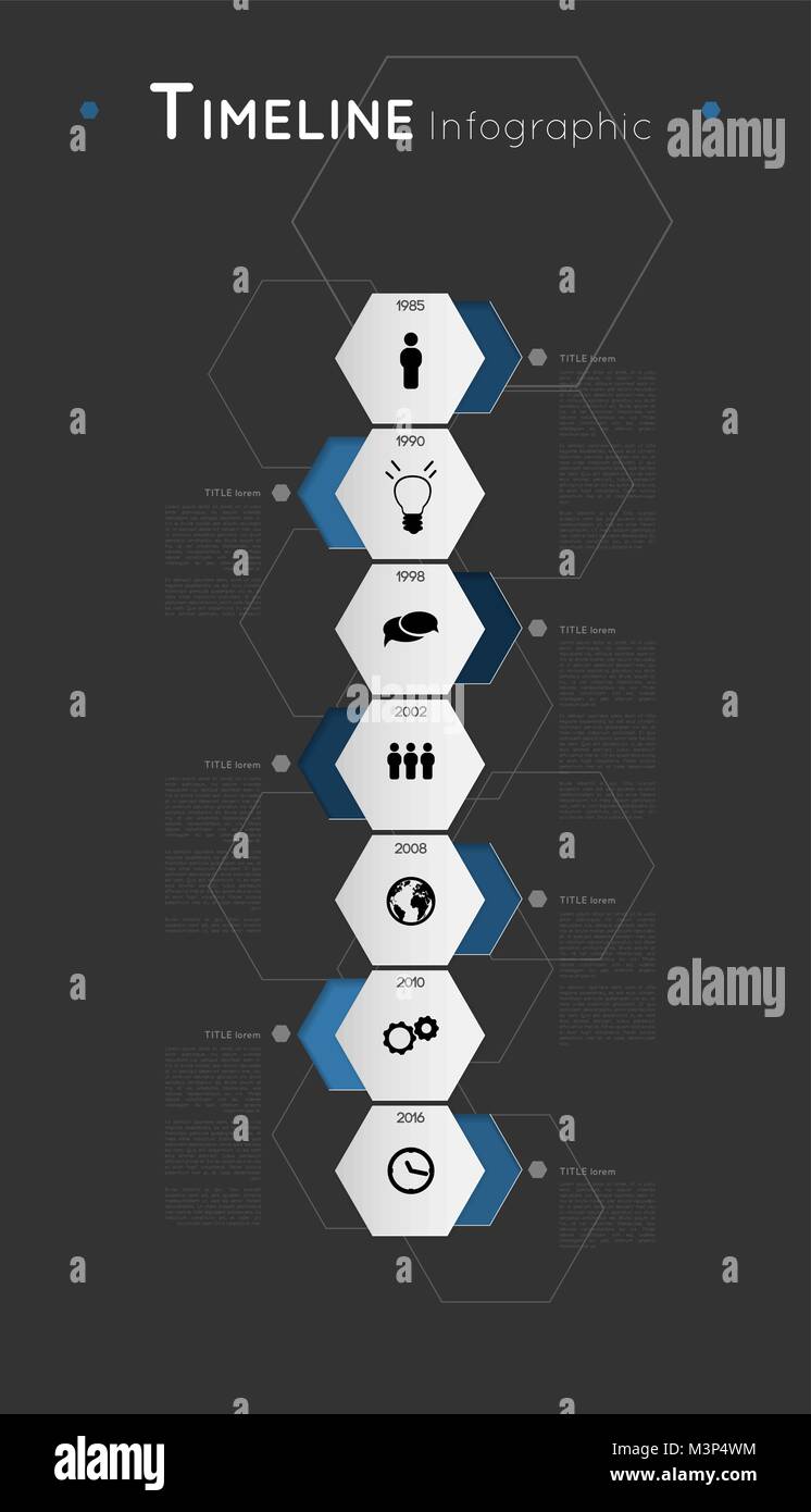 timeline infographic template with blue hexagons and icons, flat effect ...