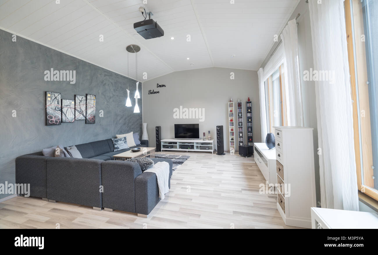 Modern Finnish Livingroom with Home Theater Stock Photo - Alamy