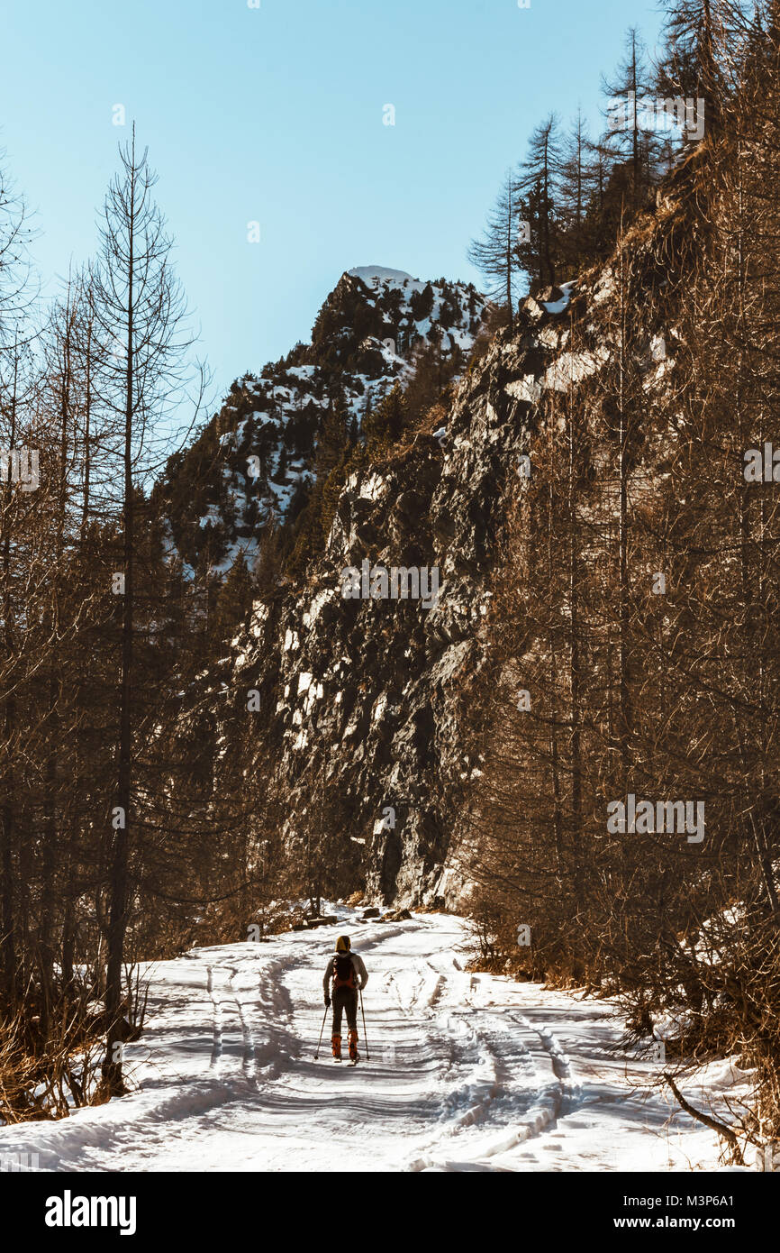 Ski walker go up on the mountain - Cross-country skiing - ski mountaineering Stock Photo