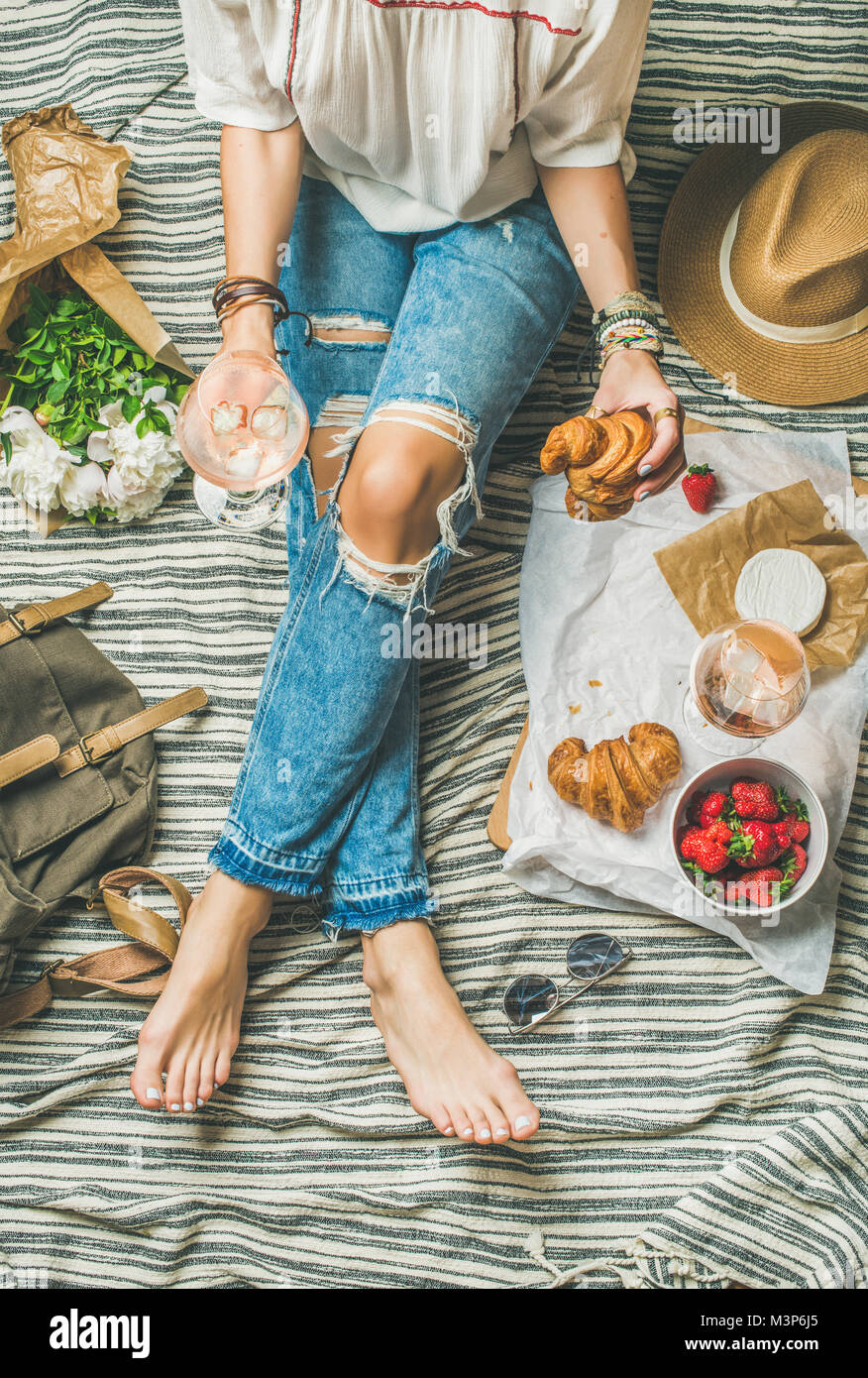 French style romantic outdoor picnic setting, top view Stock Photo