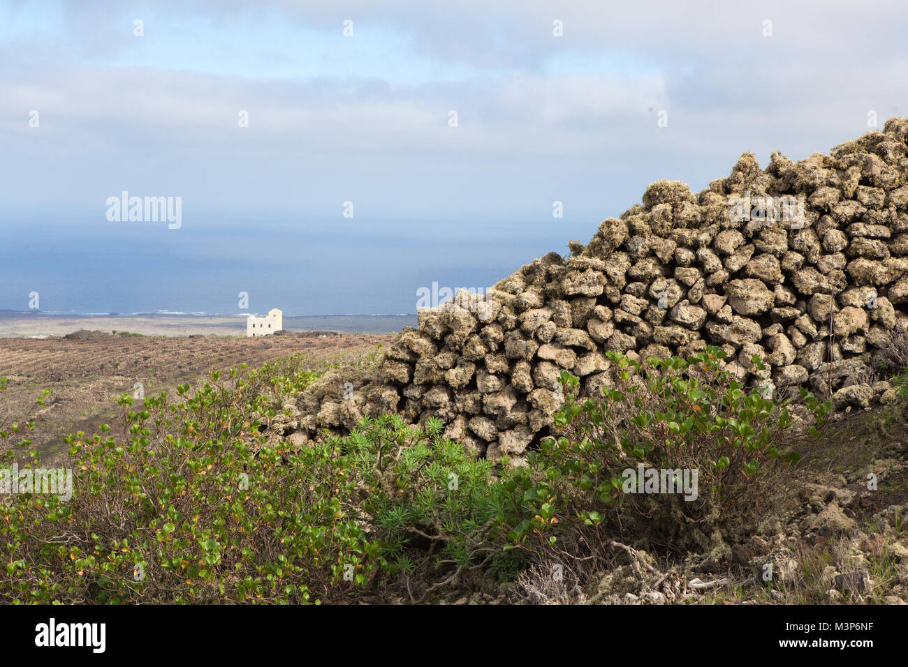 Yé, Haría, Lanzarote, Spain: View of the countryside from the Volcan of la Corona, old stone wall and fields on the foreground, Atlantic on the back Stock Photo
