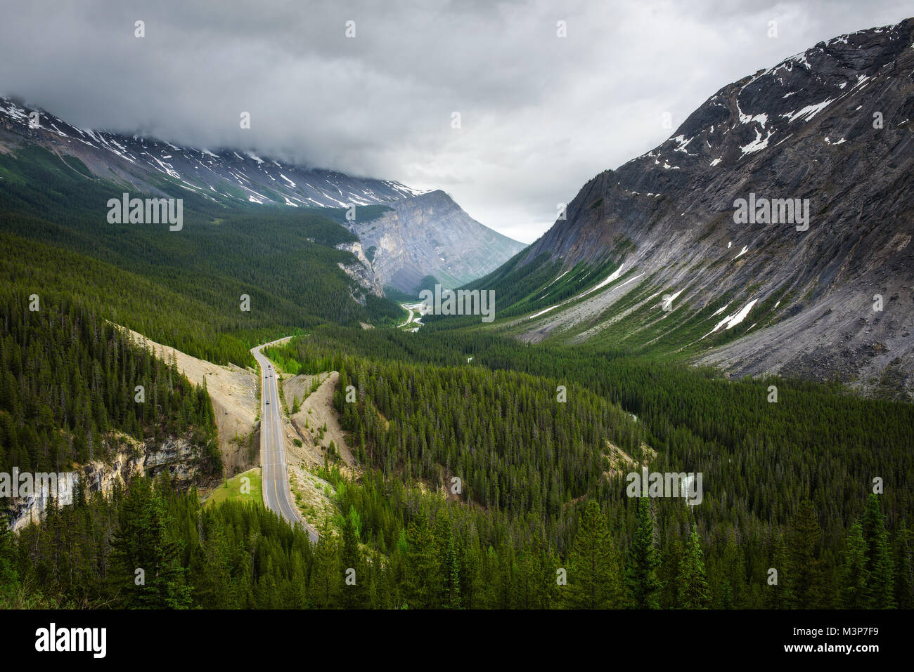 Scenic view of Icefields Parkway and Cirrus Mountain in Canada Stock Photo
