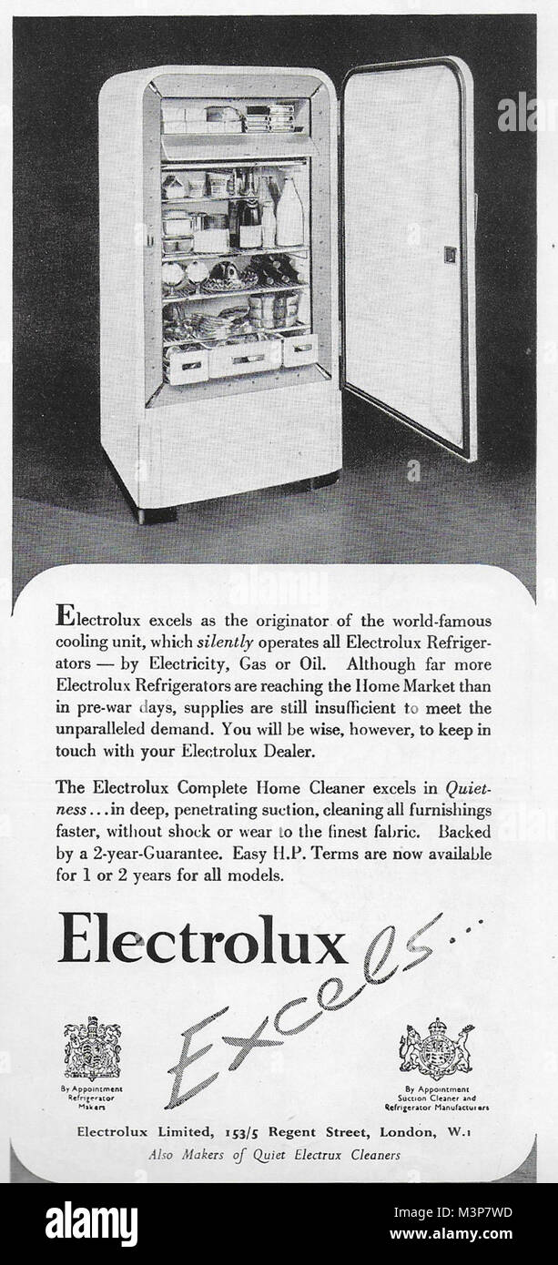Electrolux Excels refrigerator fridge advert, advertising in Country Life magazine UK 1951 Stock Photo