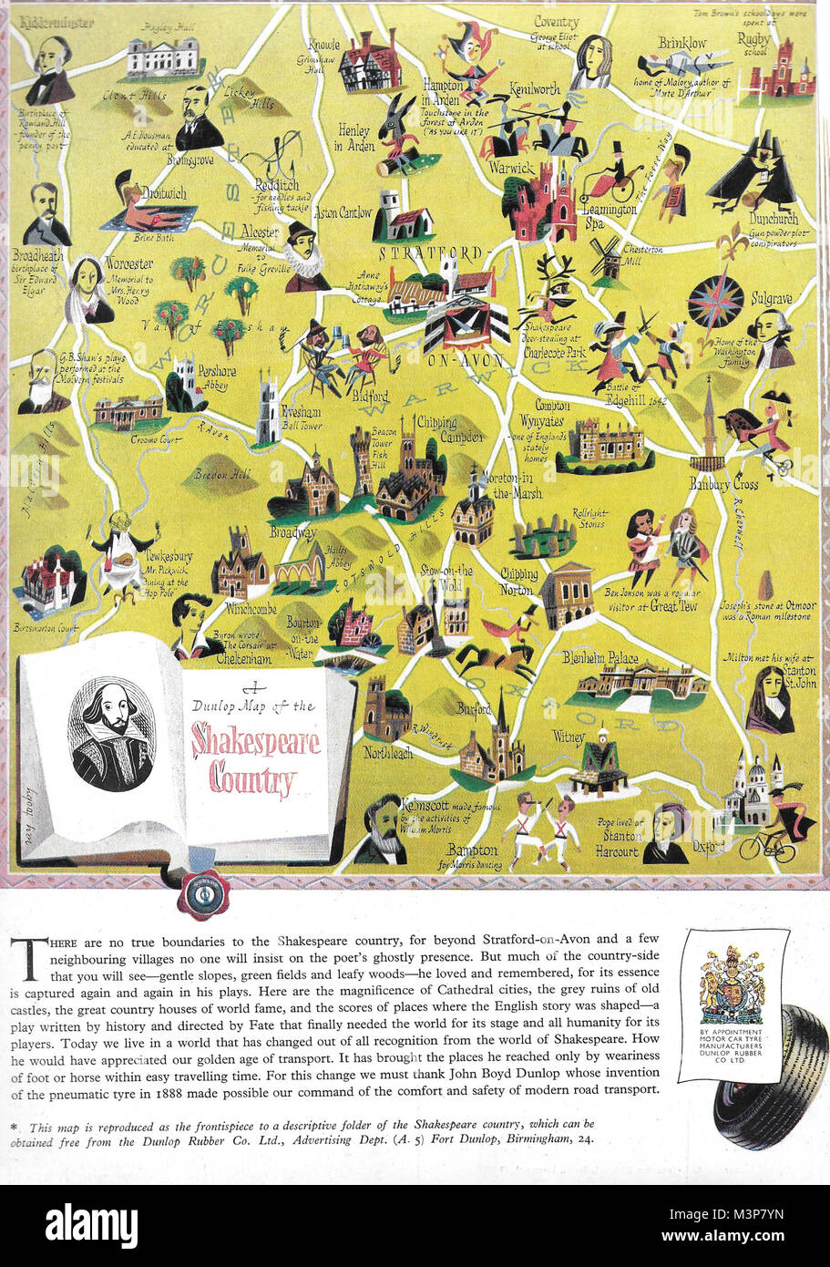 Dunlop tyres Shakespeare country map, advertising in Country Life magazine UK 1951 Stock Photo