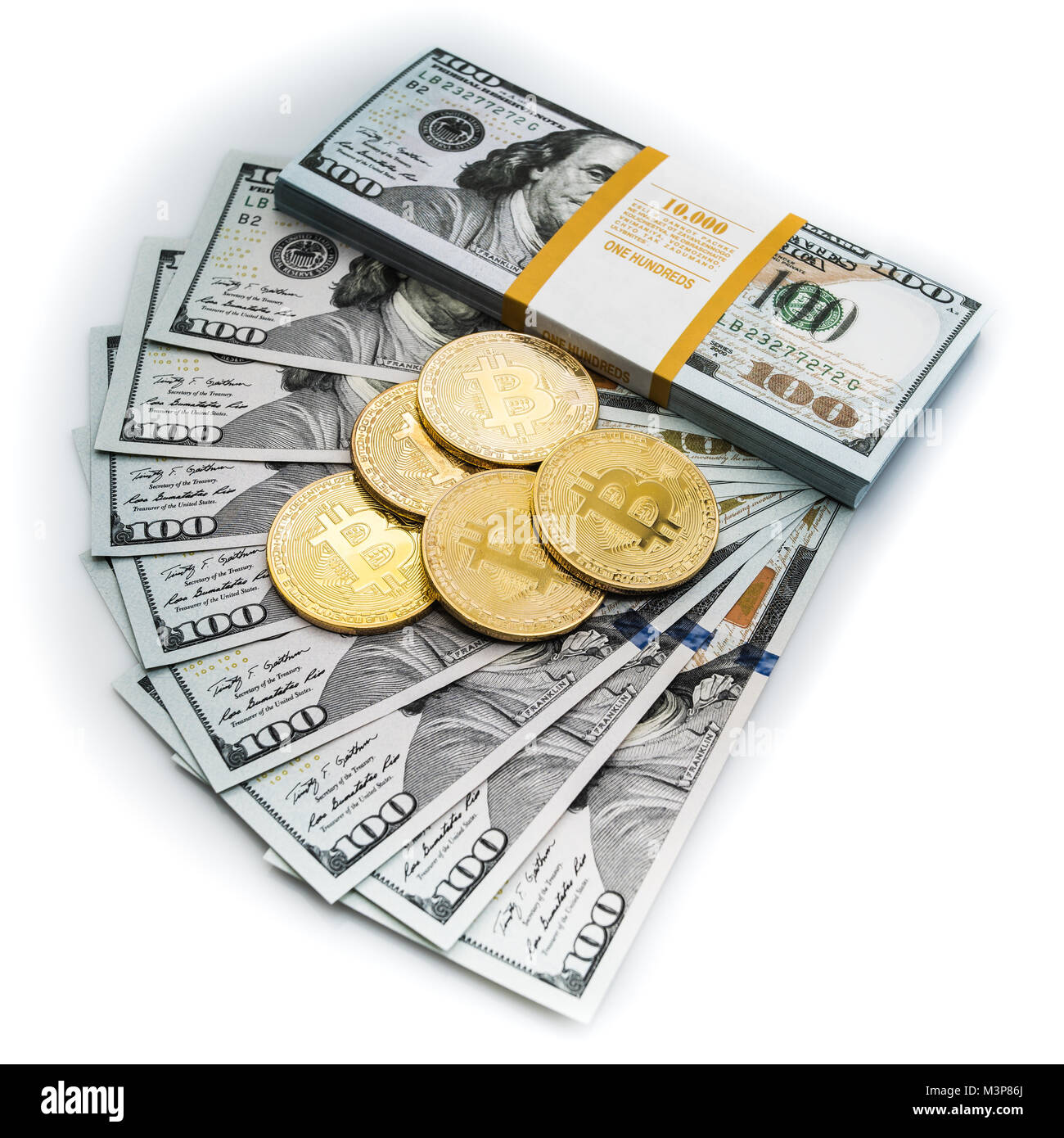 Golden physical coin bitcoin on euro banknotes Cut Out Stock Images &  Pictures - Alamy