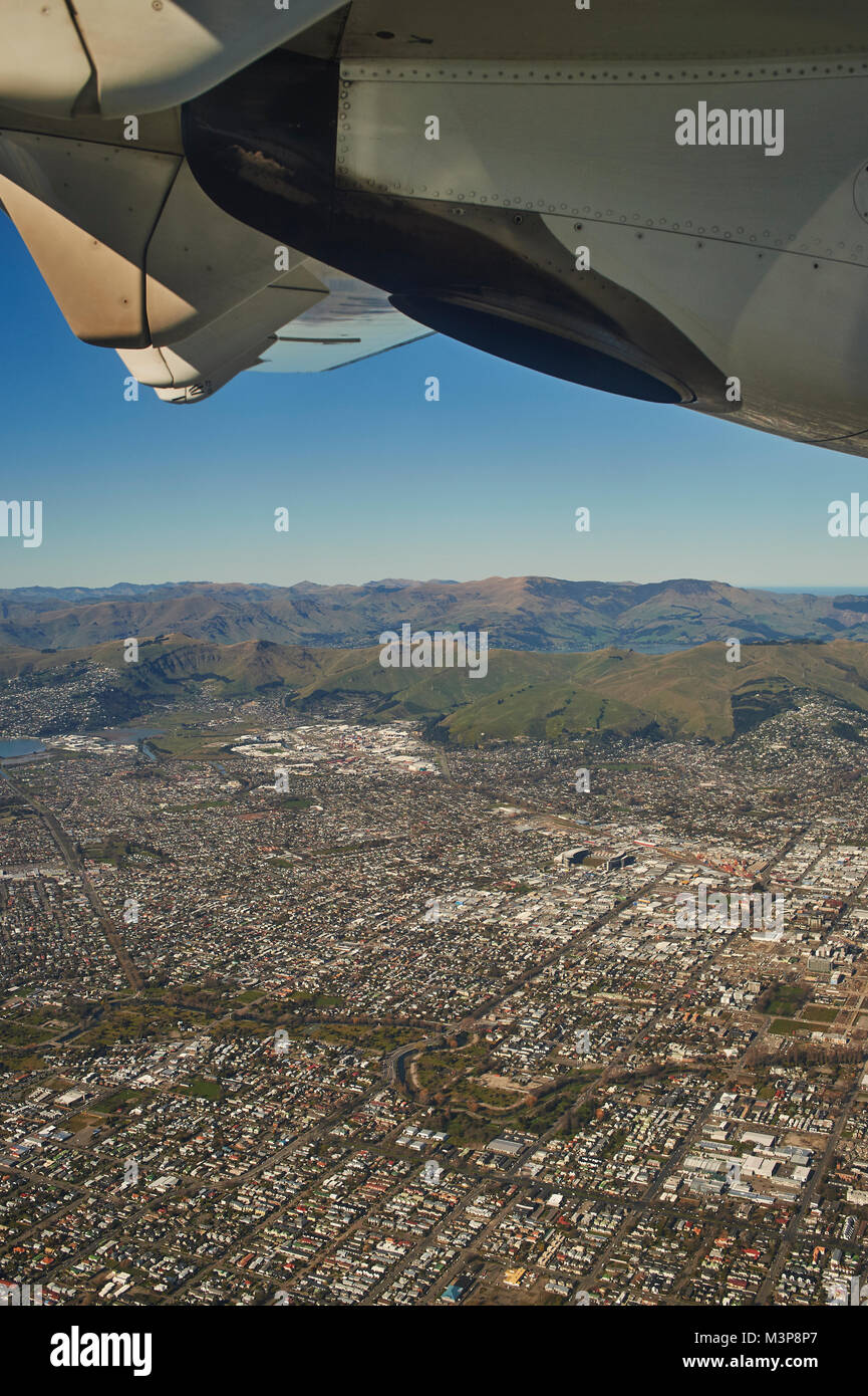 Aerial view of Christchurch showing Akaroa Peninsula to left Stock Photo