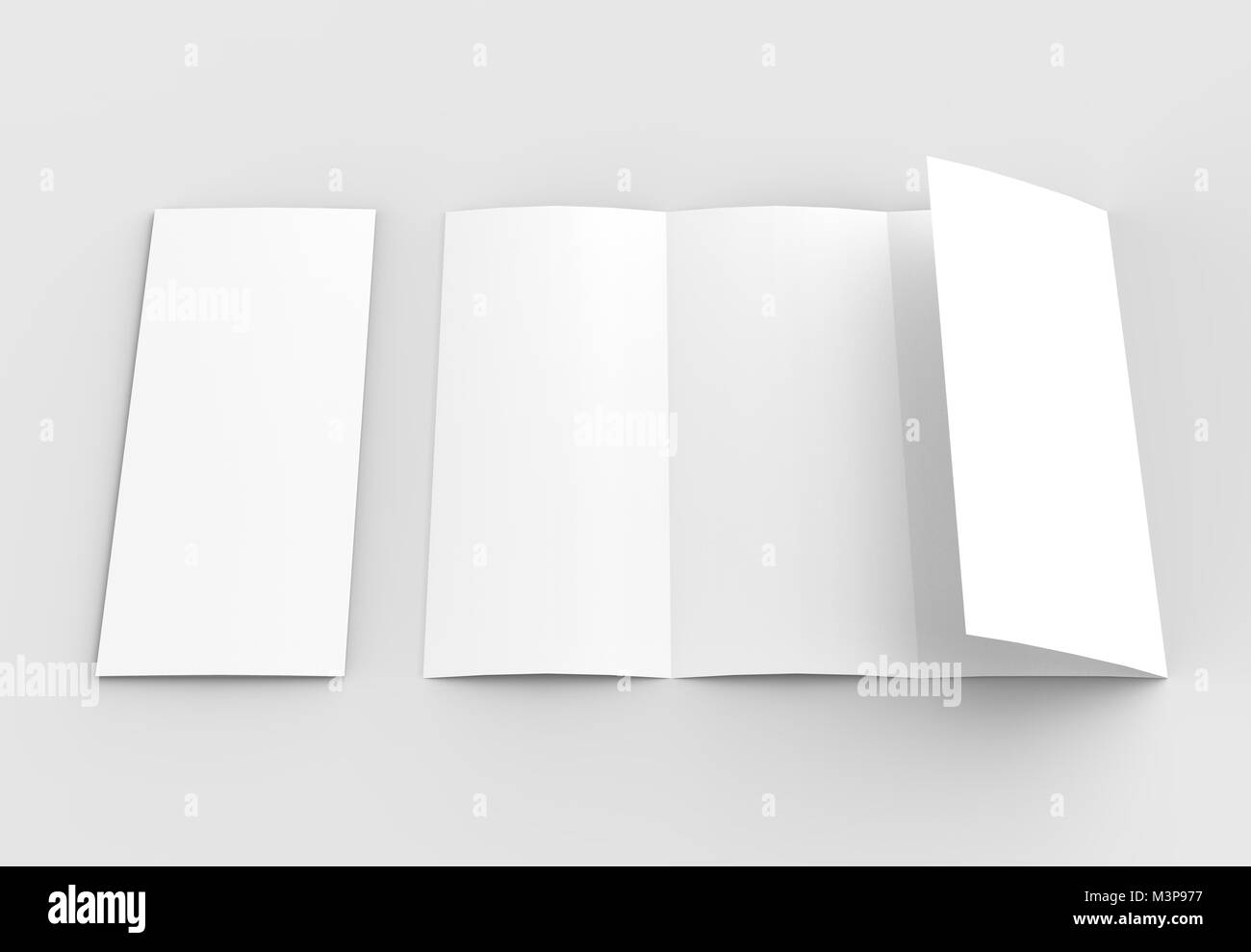Four folded - 4-Fold - vertical brochure mock-up isolated on soft gray background. 3D illustrating Stock Photo
