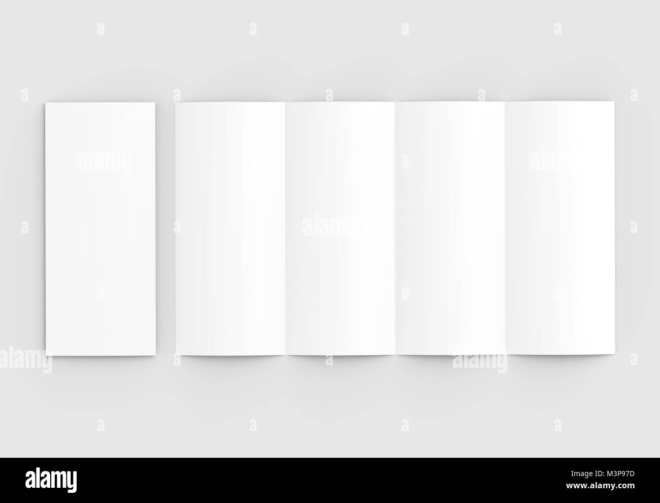 Four folded - 4-Fold - vertical brochure mock-up isolated on soft gray background. 3D illustrating Stock Photo