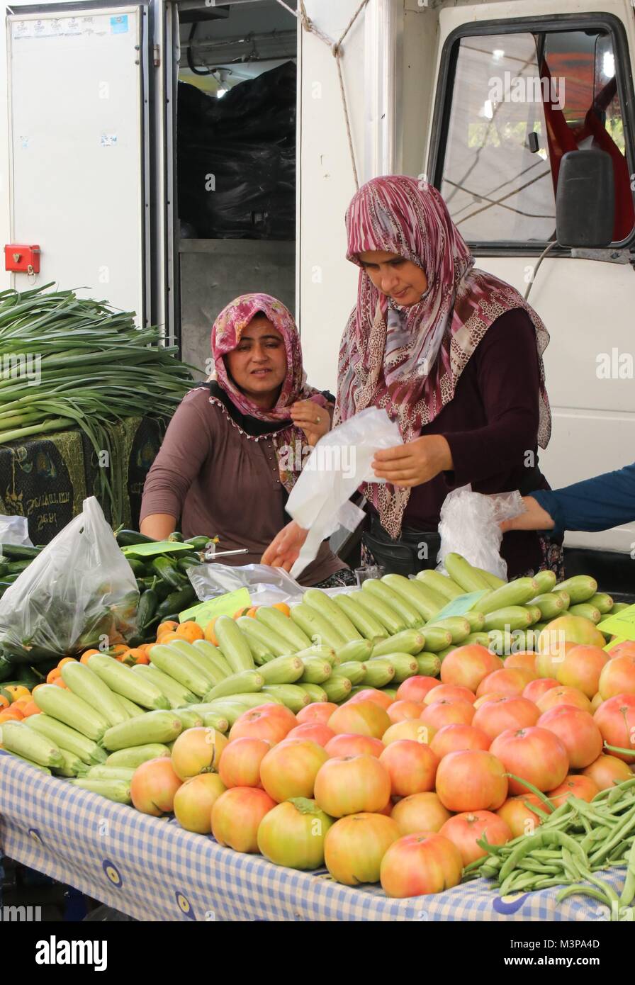 CALIS, TURKEY - 6TH AUGUST, 2017: Fresh fruit and vegetable produce for sale at a local market in Calis, Turkey, 6th august 2017 Stock Photo