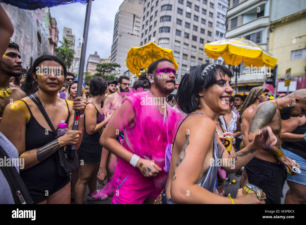 Sao Paulo, Brazil. 12th Feb, 2018. Revelers pose during street Carnival