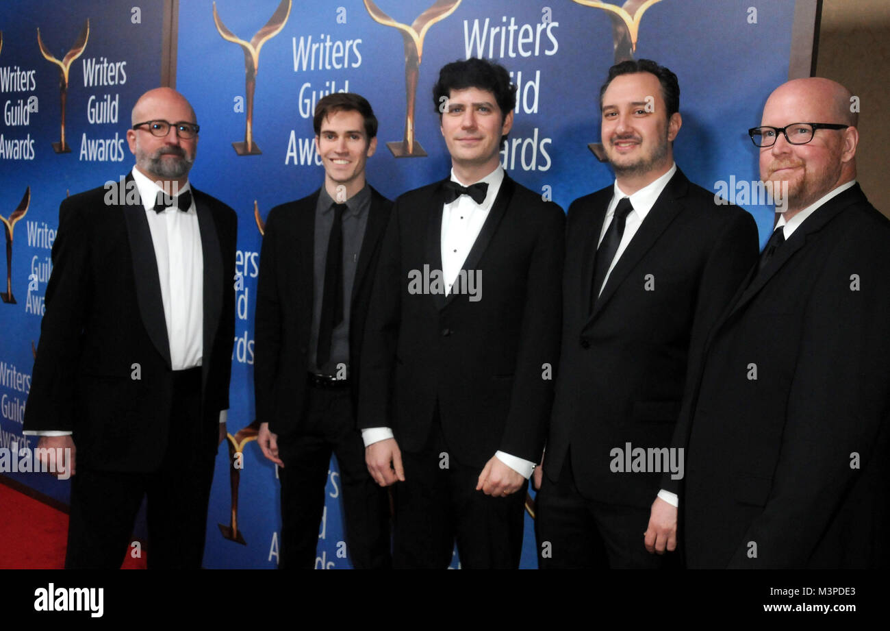 Beverly Hills, USA. 11th Feb, 2018. (L-R) Writers Steven Katz, Max Hurwitz, Andrew Sodroski, Nick Towne and Nick Schenk attend the 2018 Writers Guild Awards L.A. Ceremony at The Beverly Hilton Hotel on February 11, 2018 in Beverly Hills, California. Photo by Barry King/Alamy Live News Stock Photo