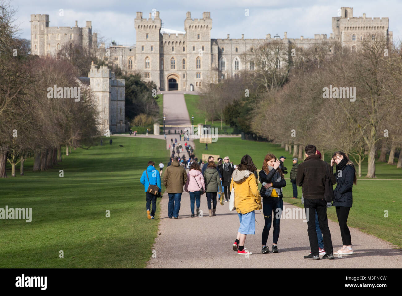 Windsor, UK. 12th February, 2018. Visitors and local residents enjoy a stroll on the Long Walk in Windsor Great Park. Kensington Palace has announced that Prince Harry and Meghan Markle will carry out a tour of Windsor after their wedding in St George's Chapel, returning to Windsor Castle along the Long Walk for their wedding reception. Credit: Mark Kerrison/Alamy Live News Stock Photo