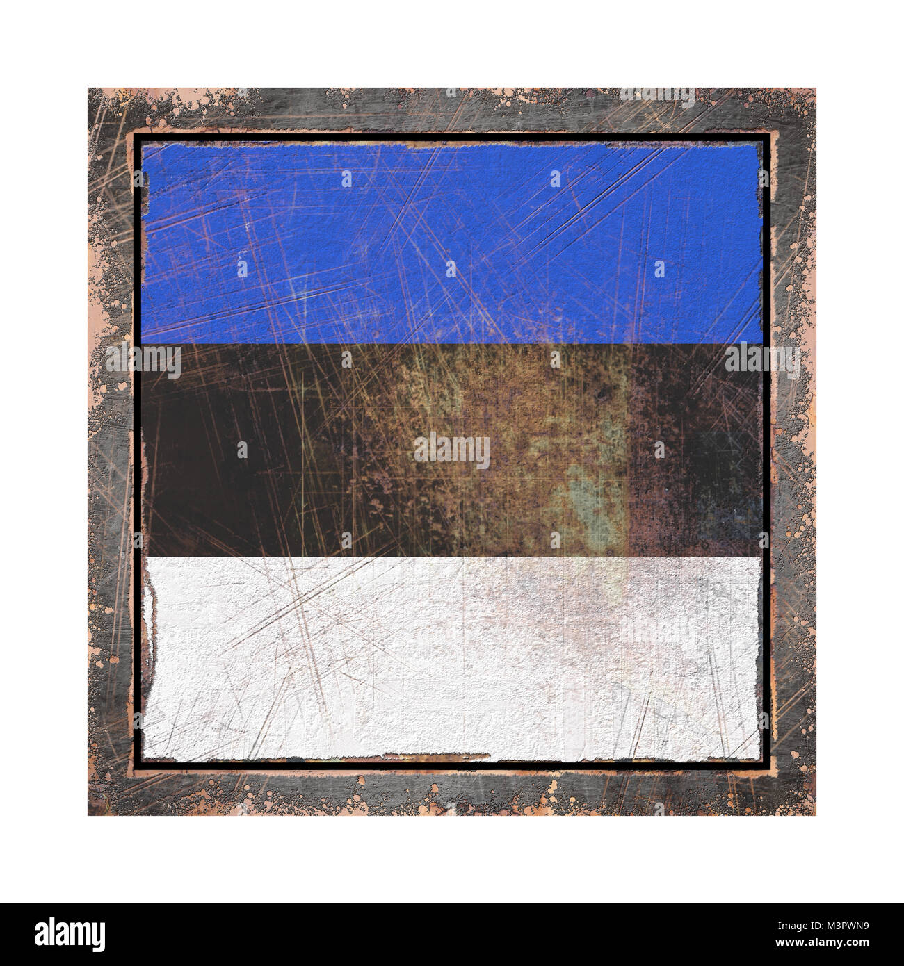 3d rendering of an Estonia flag over a rusty metallic plate wit a rusty ...