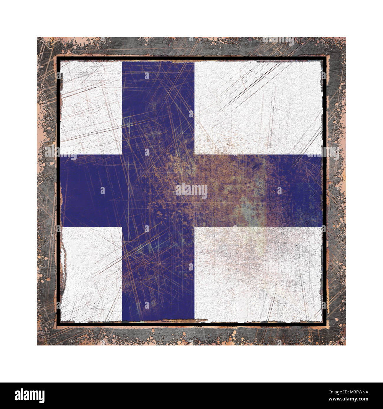 3d rendering of a Finland flag over a rusty metallic plate wit a rusty ...