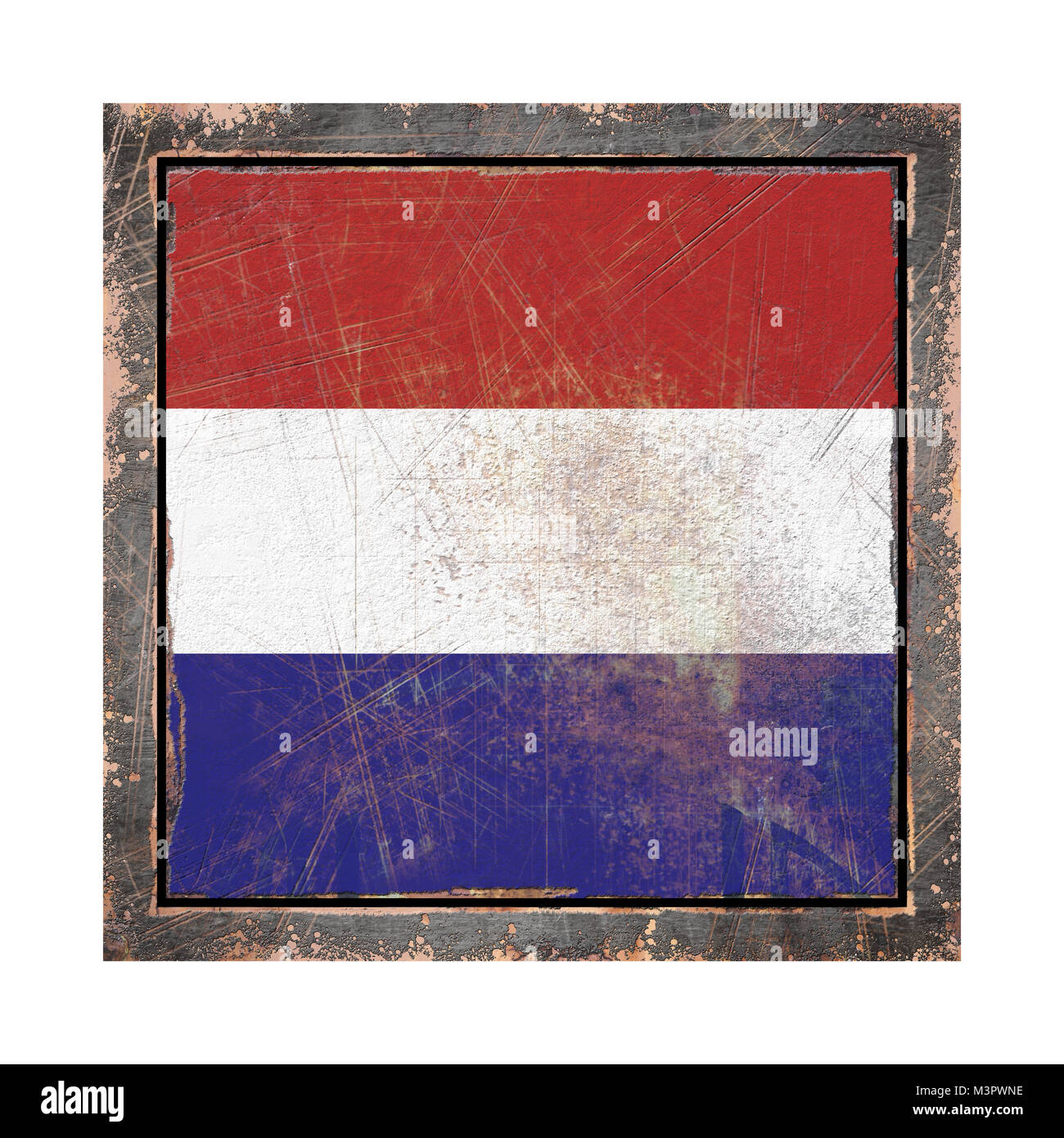 3d rendering of an Holland flag over a rusty metallic plate wit a rusty ...