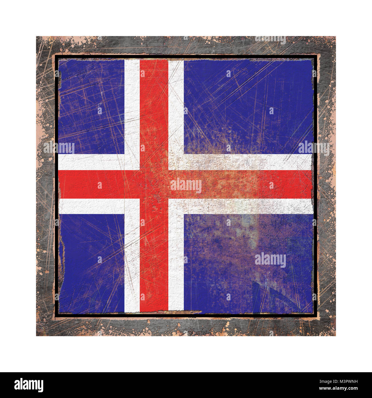 3d rendering of an Iceland flag over a rusty metallic plate wit a rusty ...