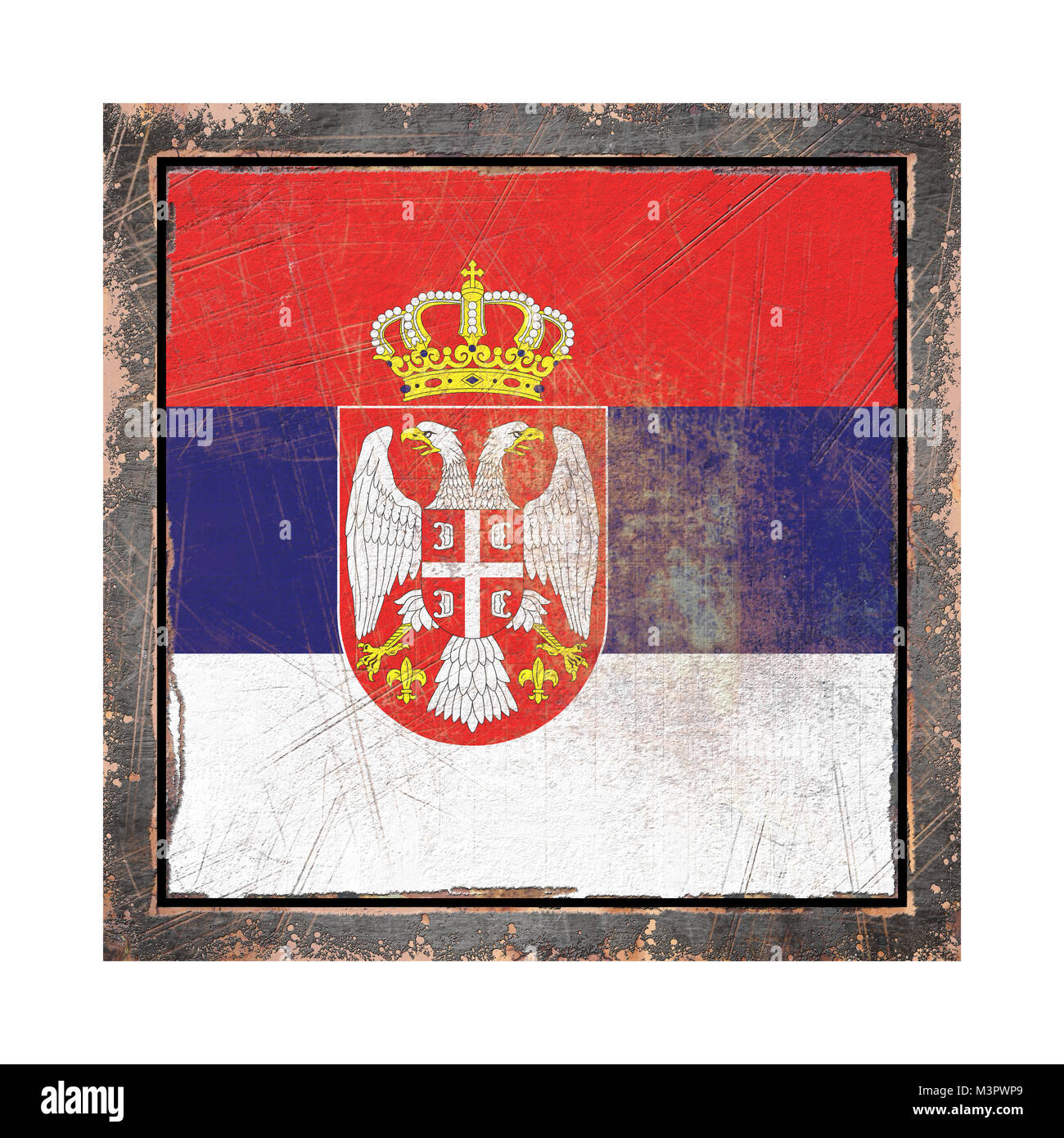 3d rendering of a Serbia flag over a rusty metallic plate wit a rusty frame. Isolated on white background. Stock Photo