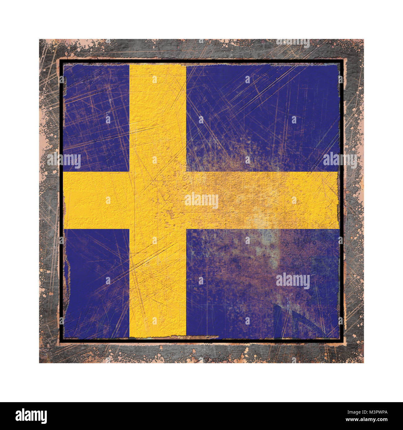 3d rendering of a Sweden flag over a rusty metallic plate wit a rusty ...