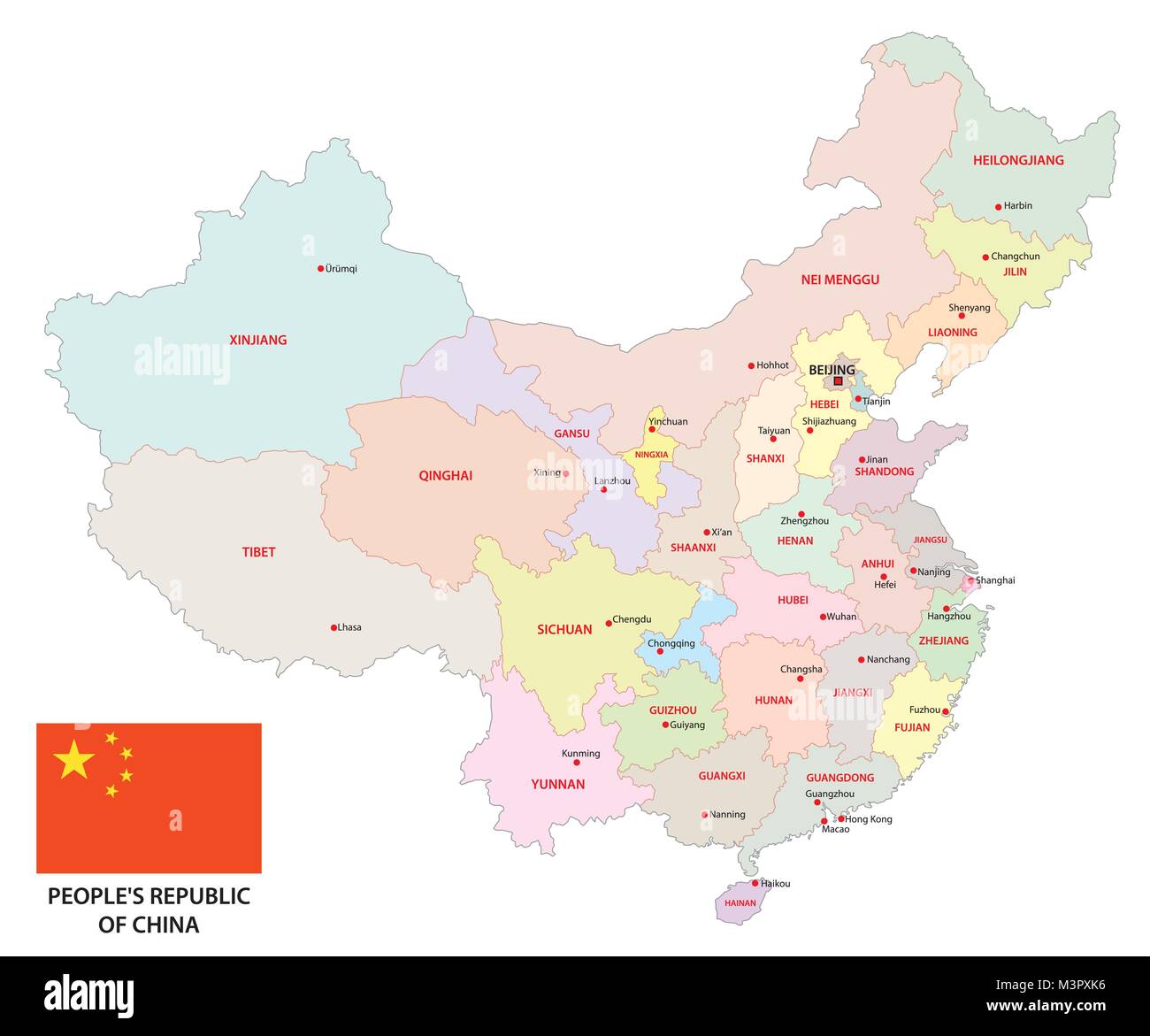 colorful administrative and political vector map of china with flag Stock Vector