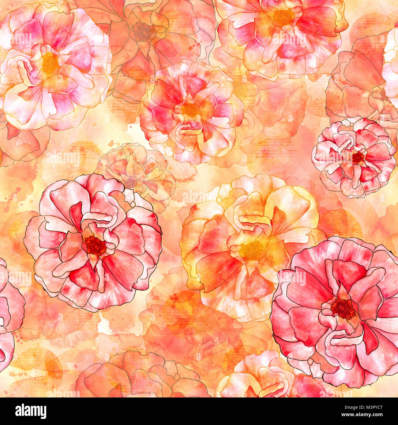 Seamless watercolor rose pattern with sheet music, golden toned Stock ...