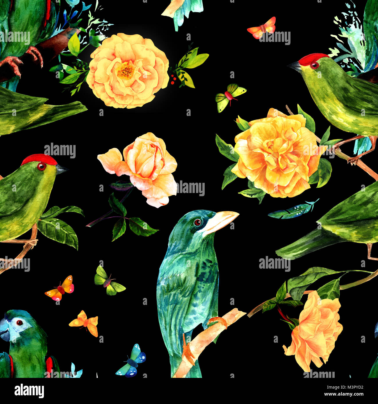 Seamless pattern with watercolor bird and roses on black Stock Photo ...