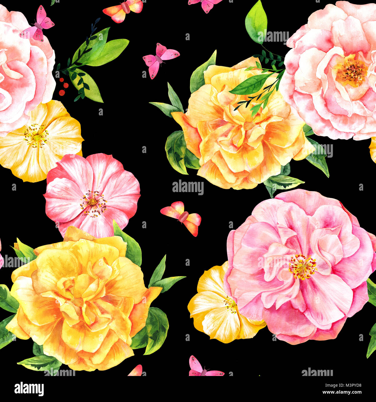 Seamless pattern with watercolor roses and butterflies on black Stock ...