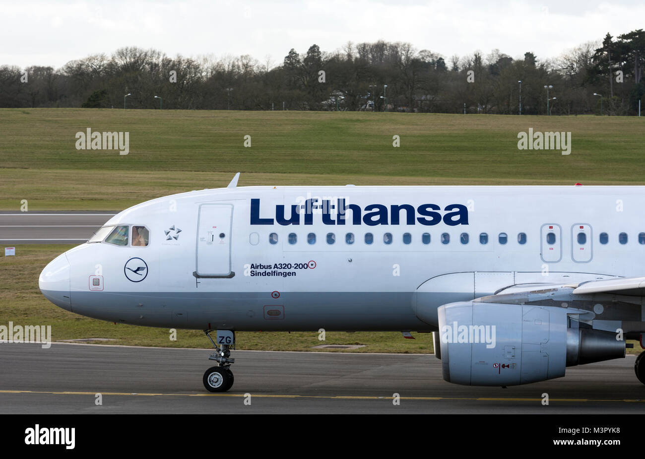 Lufthansa Airbus A320 taxiing for take off at Birmingham Airport, UK. (D-AIZG) Stock Photo