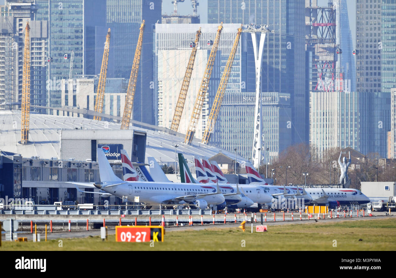 Planes on the apron at London City Airport which has been closed after the discovery of an unexploded Second World War bomb. Stock Photo