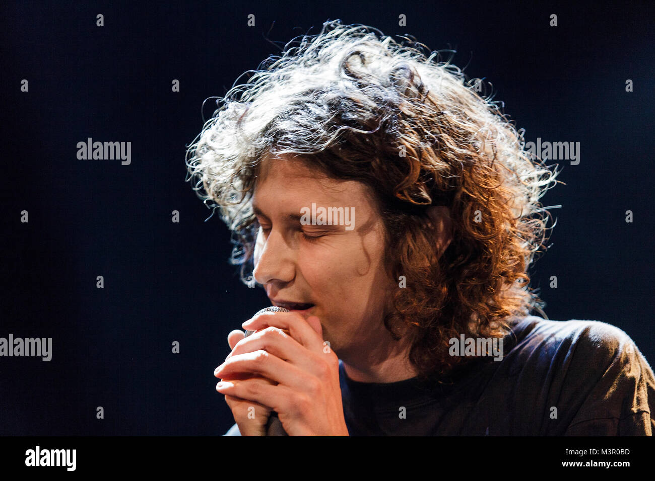 The Danish electro pop band M.I.L.K. performs a concert the Danish music and showcase festival Spot Festival 2016. Here singer Emil Wilk is seen live on stage. Denmark, 29/04 2016. Stock Photo