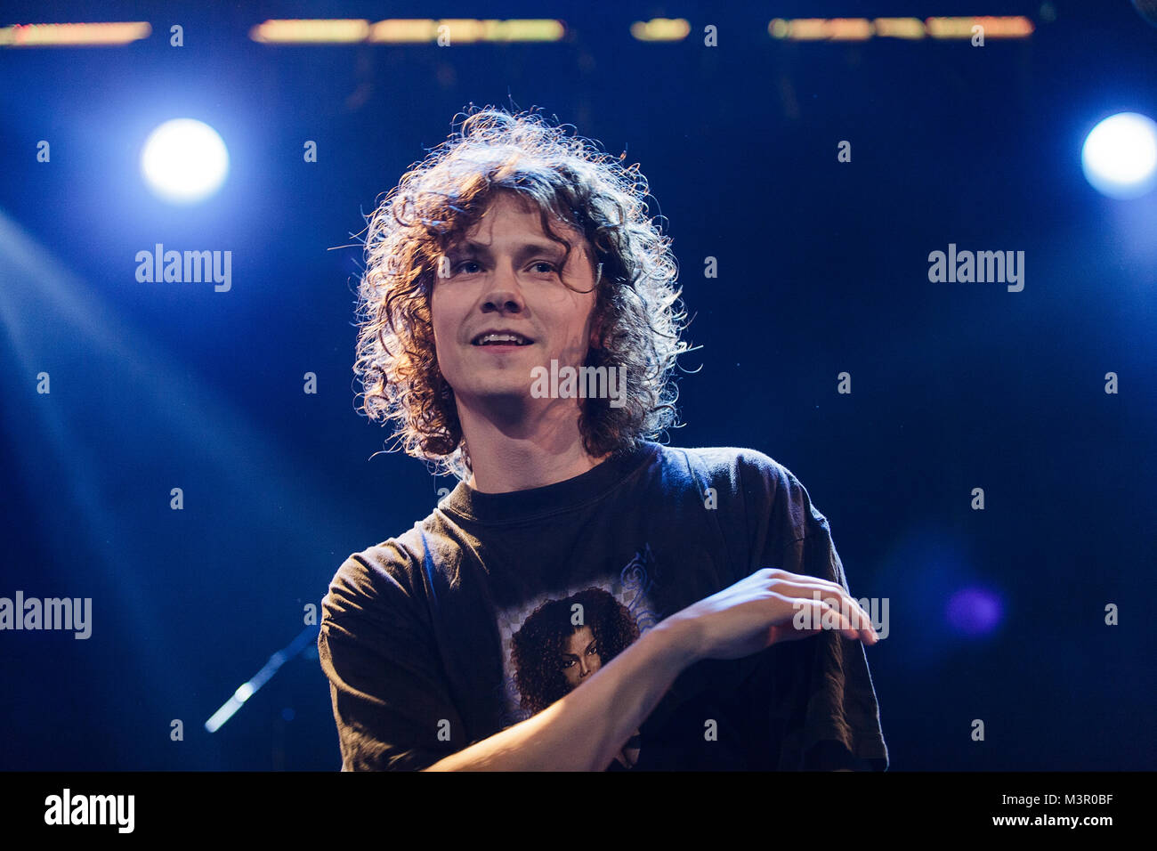 The Danish electro pop band M.I.L.K. performs a concert the Danish music and showcase festival Spot Festival 2016. Here singer Emil Wilk is seen live on stage. Denmark, 29/04 2016. Stock Photo