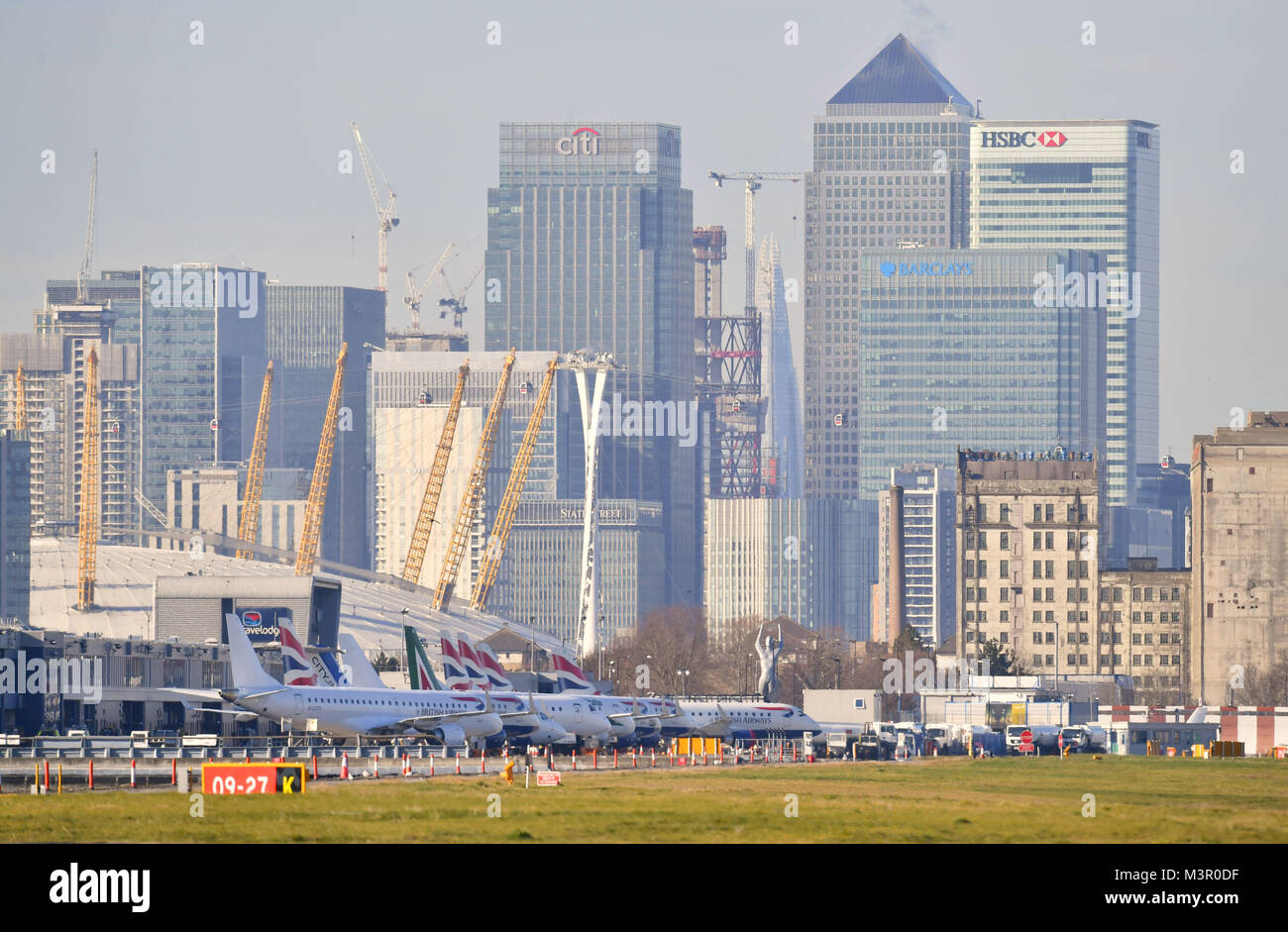 Planes on the apron at London City Airport which has been closed after the discovery of an unexploded Second World War bomb. Stock Photo