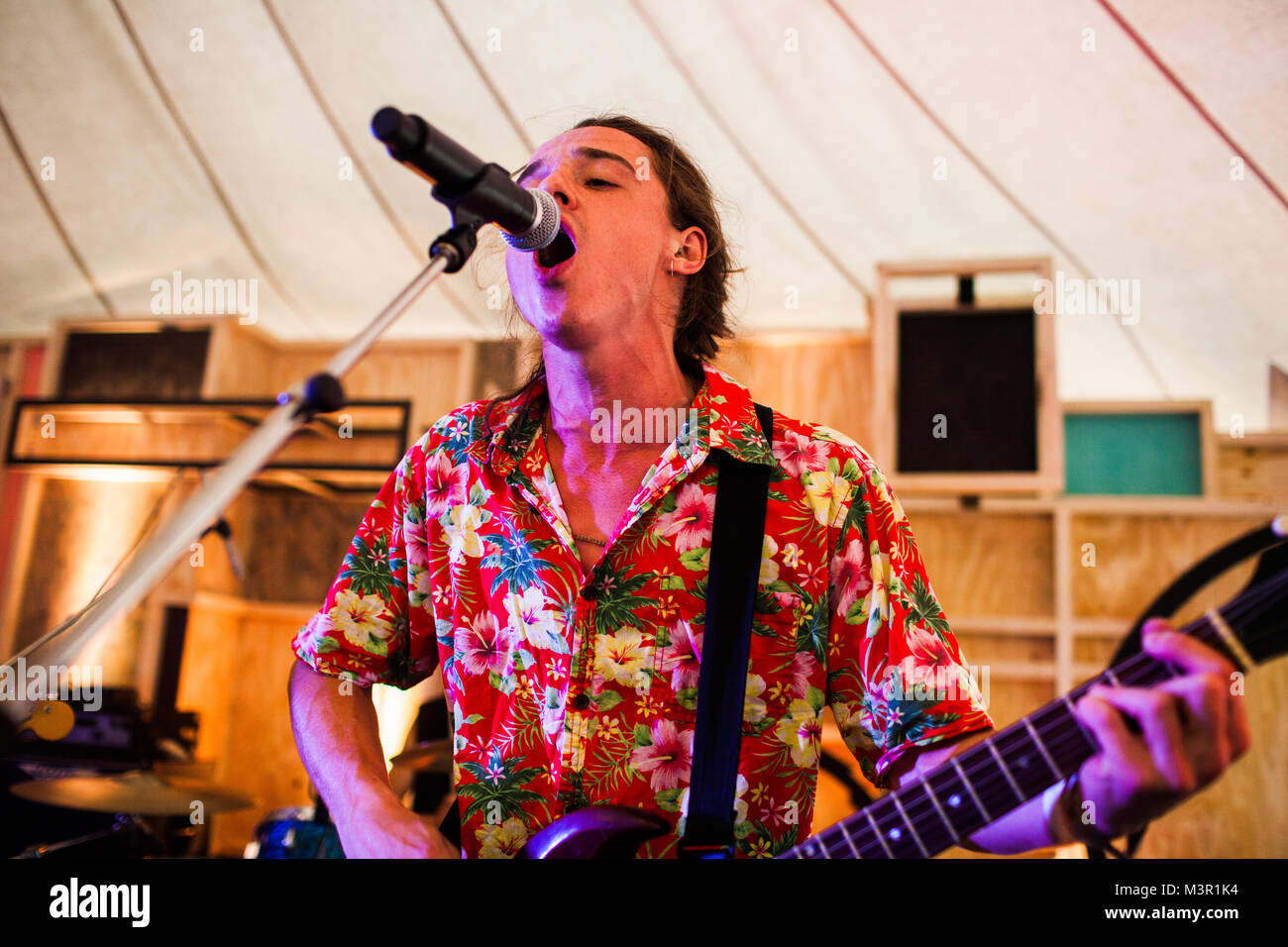 The four London musicians Harry Edwards, Sam Chapman, Mark Thompson and Charlie Pelling are together known as the British band Maui. They are here pictured at a live concert at the Danish art and music festival Trailerpark Festival 2014 in Copenhagen. Denmark, 31/07 2014. Stock Photo
