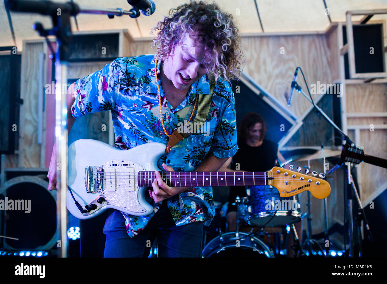 The four London musicians Harry Edwards, Sam Chapman, Mark Thompson and Charlie Pelling are together known as the British band Maui. They are here pictured at a live concert at the Danish art and music festival Trailerpark Festival 2014 in Copenhagen. Denmark, 31/07 2014. Stock Photo